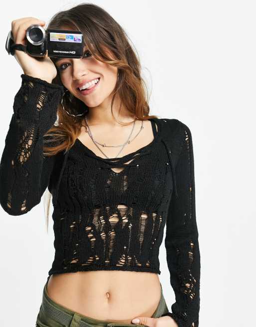 ASOS DESIGN - Maglione con cuciture traforate nero con lacci, 4 di 4