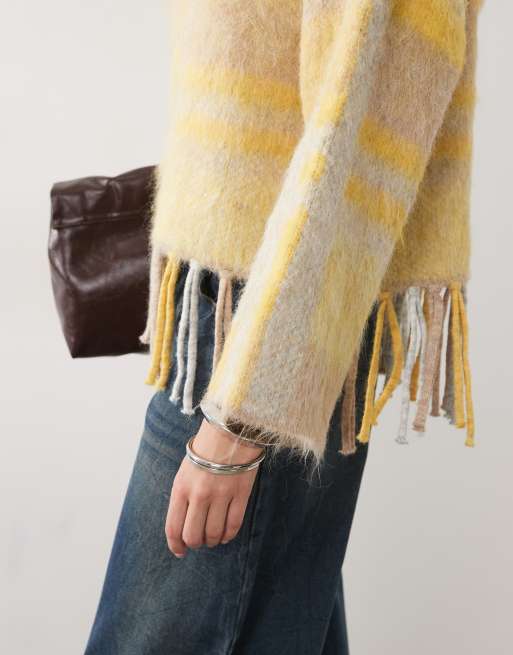ASOS DESIGN maglione con frange spazzolate a quadri giallo, 3 di 4