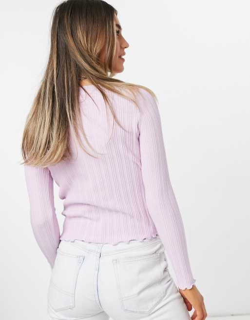 ASOS DESIGN - Maglione con scollo a barchetta con volant e cuciture traforate rosa pallido, 2 di 4