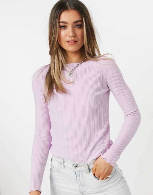 ASOS DESIGN - Maglione con scollo a barchetta con volant e cuciture traforate rosa pallido, 3 di 4