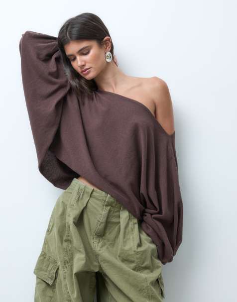 ASOS DESIGN maglione con scollo a barchetta, maniche a pipistrello e polsini in chocolate - view 1