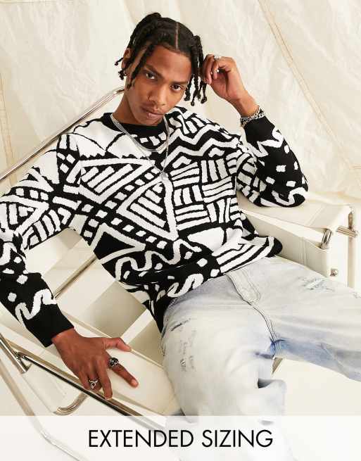 ASOS DESIGN - Maglione con stampa azteca bianco e nero