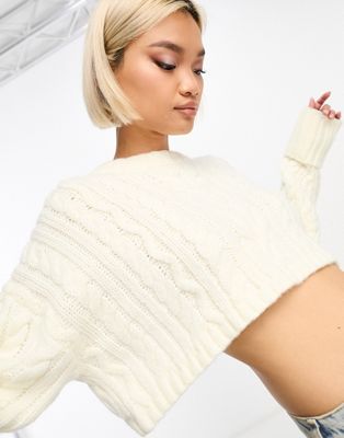 ASOS DESIGN crop cable jumper with turn back cuff in cream - ASOS Price Checker