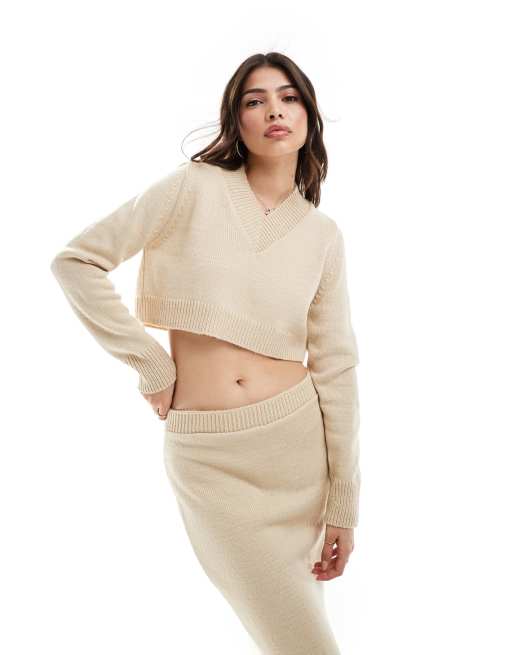 ASOS DESIGN - Maglione corto con scollo a V pietra in coordinato