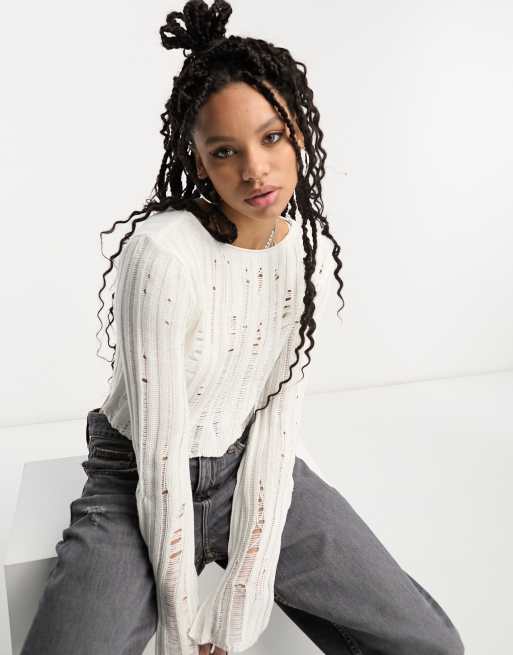 ASOS DESIGN - Maglione corto crema con cuciture smagliate trasparenti