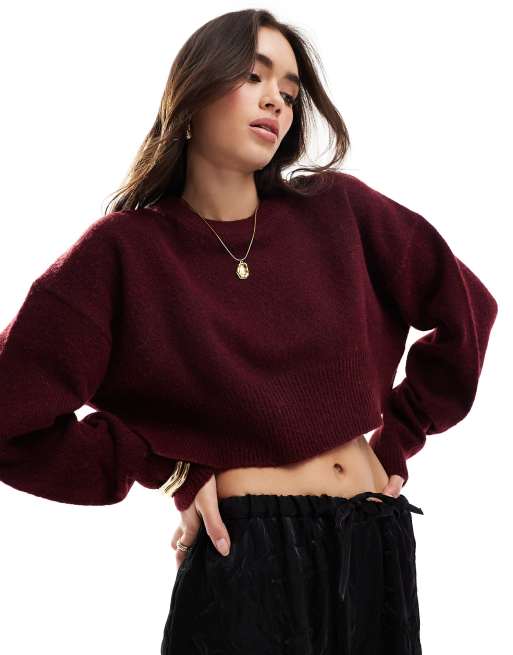ASOS DESIGN - Maglione corto girocollo color bordeaux con spacco