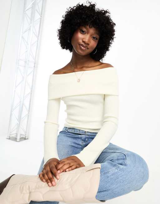 ASOS DESIGN - Top in maglia trasparente color crema con spalle scoperte