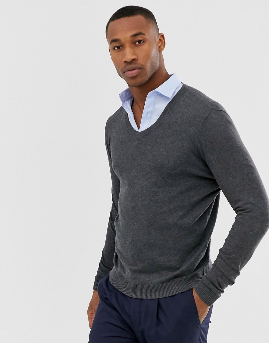 ASOS DESIGN - maglione di cotone antracite con scollo a v-grigio