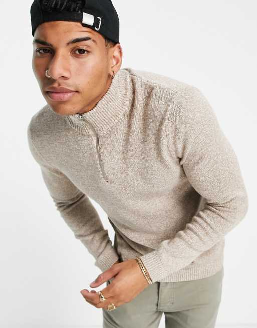 ASOS DESIGN - Maglione di media pesantezza con cerniera lampo corta in cotone, color avena