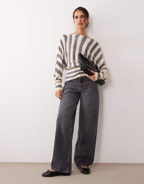 ASOS DESIGN maglione fine in maglia con spalle scoperte e vita segnata a righe grigie e crema - view 1