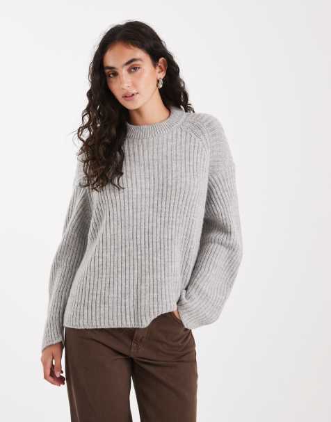 ASOS DESIGN - Maglione girocollo a coste grigio pallido con maniche voluminose - view 1