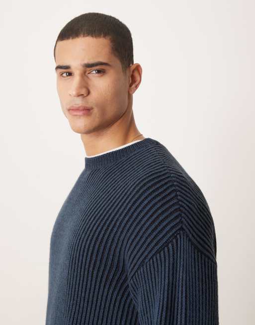 ASOS DESIGN - Maglione girocollo a maniche lunghe vestibilità comoda color blu navy a coste, 4 di 5