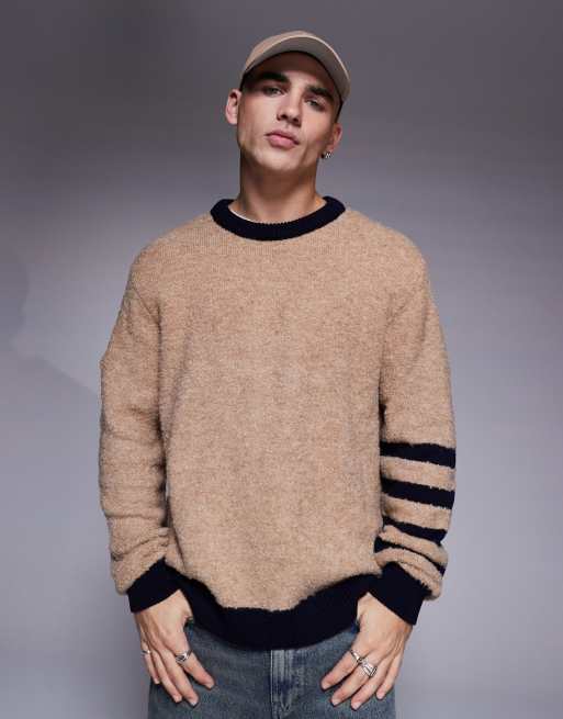 ASOS DESIGN - Maglione girocollo comodo beige testurizzato con righe sulla manica