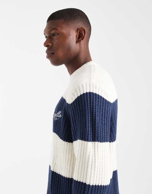 ASOS DESIGN - Maglione girocollo comodo blu navy ed écru a righe con ricamo Vadella, 4 di 5