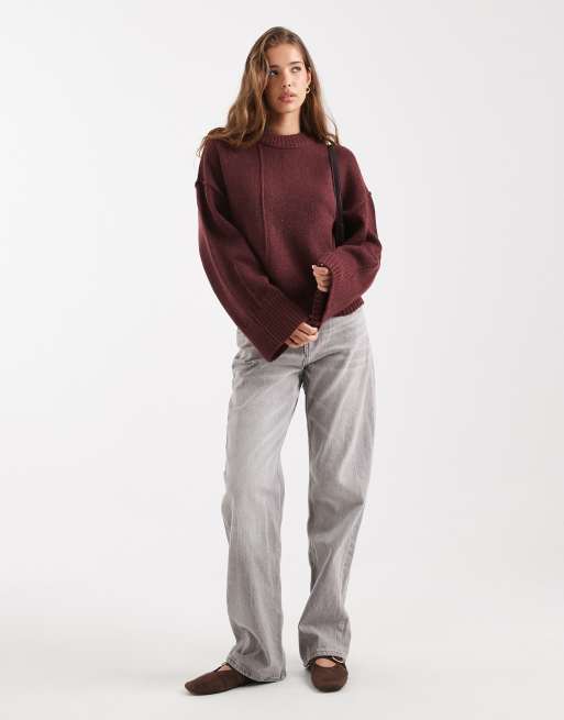 ASOS DESIGN - Maglione girocollo con cucitura sul davanti e fondo asimmetrico color prugna, 3 di 4