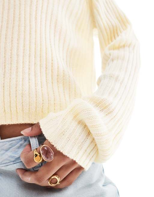 ASOS DESIGN - Maglione girocollo crema a coste, 3 di 4