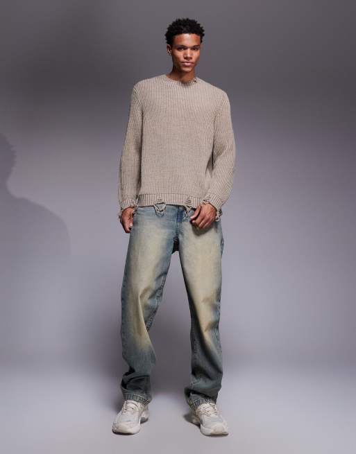 ASOS DESIGN - Maglione girocollo écru comodo con bordi grezzi, 2 di 5