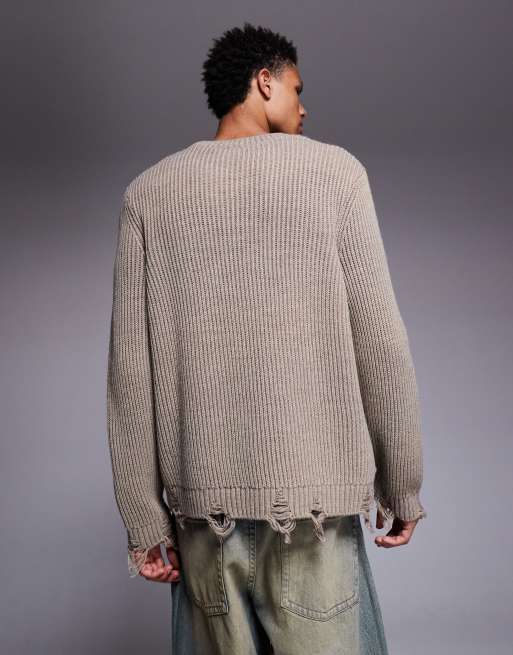 ASOS DESIGN - Maglione girocollo écru comodo con bordi grezzi, 3 di 5