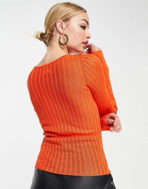 ASOS DESIGN - Maglione girocollo in filato arancione trasparente a coste, 2 di 4