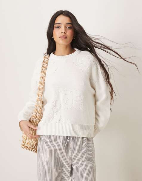 ASOS DESIGN - Maglione girocollo in maglia crema con trama a fiori - view 1