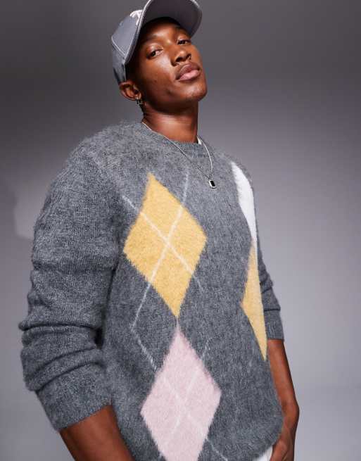 ASOS DESIGN - Maglione girocollo lavorato con motivo a rombi grigio