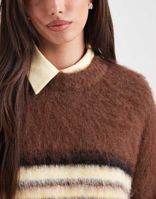 ASOS DESIGN - Maglione girocollo marrone a righe miste, 3 di 4