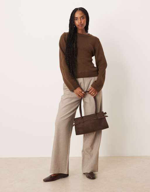 ASOS DESIGN - Maglione girocollo marrone lavorato allacciato in vita, 3 di 4