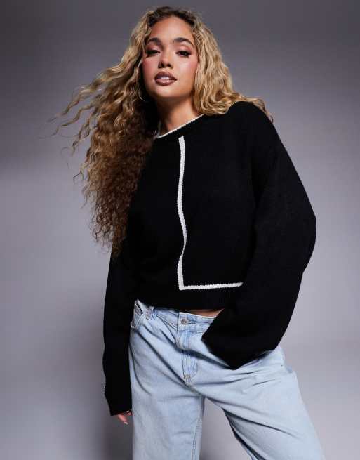 ASOS DESIGN - Maglione girocollo nero con dettagli bianchi a contrasto