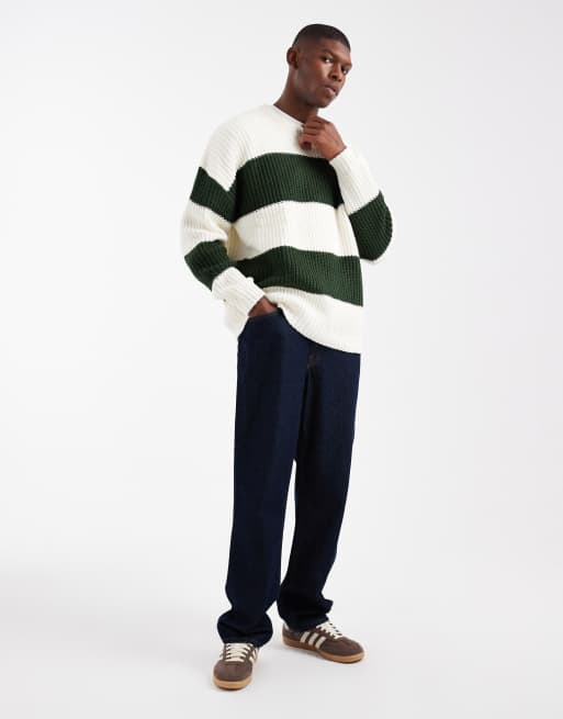 ASOS DESIGN - Maglione girocollo oversize a righe color écru e verde, 2 di 5
