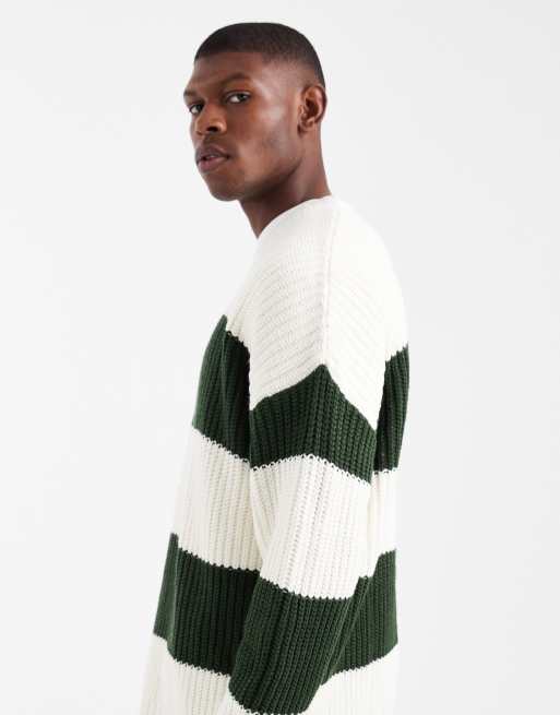 ASOS DESIGN - Maglione girocollo oversize a righe color écru e verde, 4 di 5