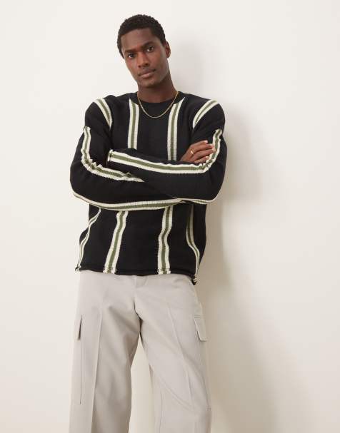ASOS DESIGN - Maglione girocollo oversize blu navy a righe con spalle scivolate - view 1
