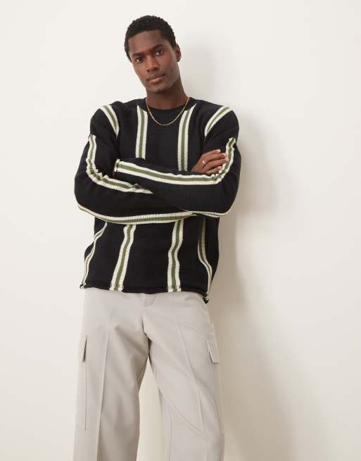ASOS DESIGN - Maglione girocollo oversize blu navy a righe con spalle scivolate