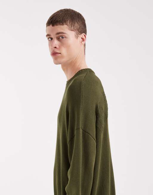 ASOS DESIGN - Maglione girocollo oversize kaki con ricamo Marais sul retro, 4 di 5