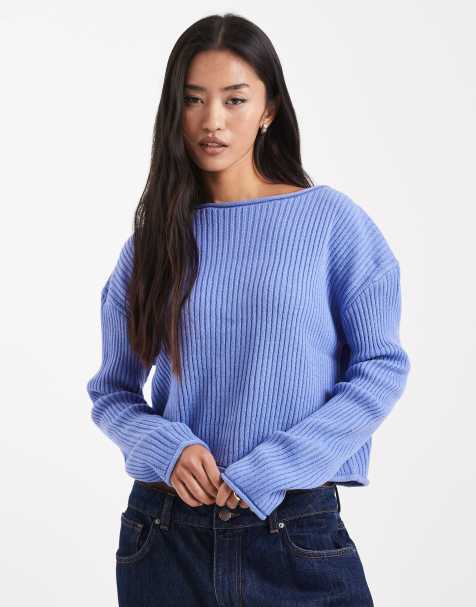 ASOS DESIGN - Maglione girocollo squadrato blu a coste con bordo arrotolato - view 1