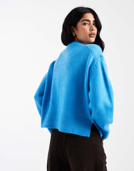 ASOS DESIGN - Maglione girocollo squadrato color blu acceso con spacco laterale, 4 di 4