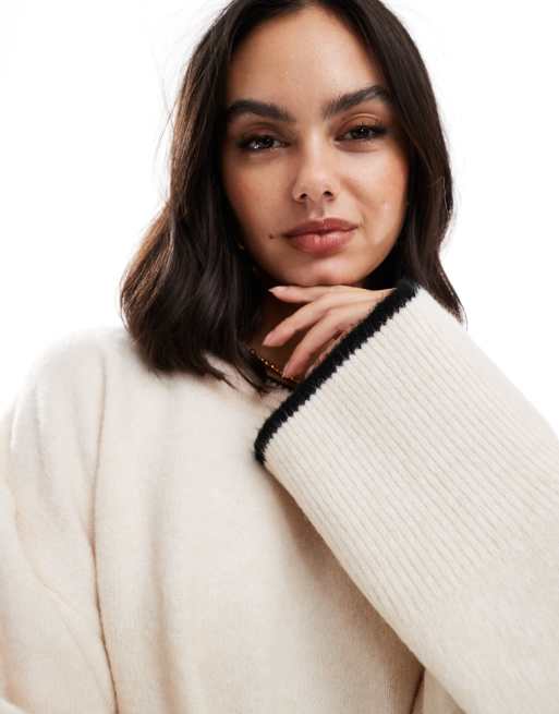 ASOS DESIGN - Maglione girocollo squadrato color crema con profili a contrasto, 2 di 4