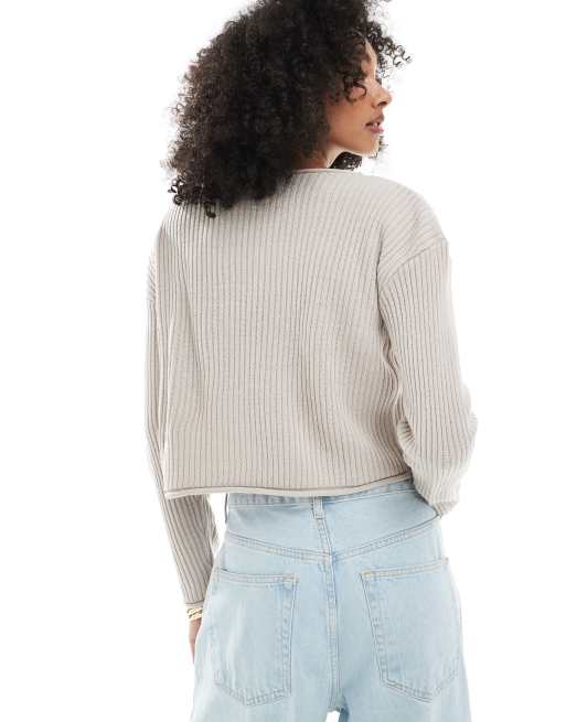 ASOS DESIGN - Maglione girocollo squadrato grigio a coste con bordo arrotolato, 4 di 4