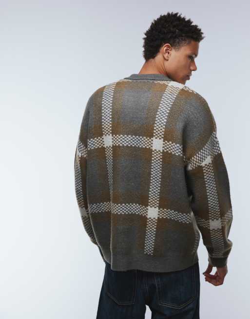 ASOS DESIGN - Maglione grigio a quadri oversize con colletto stile polo con intaglio, 3 di 5