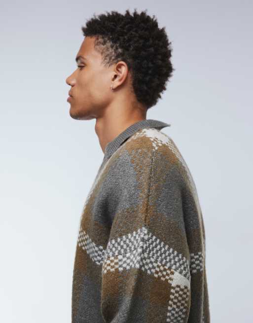 ASOS DESIGN - Maglione grigio a quadri oversize con colletto stile polo con intaglio, 4 di 5