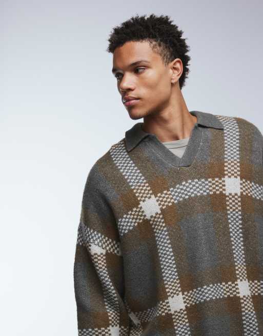 ASOS DESIGN - Maglione grigio a quadri oversize con colletto stile polo con intaglio, 5 di 5