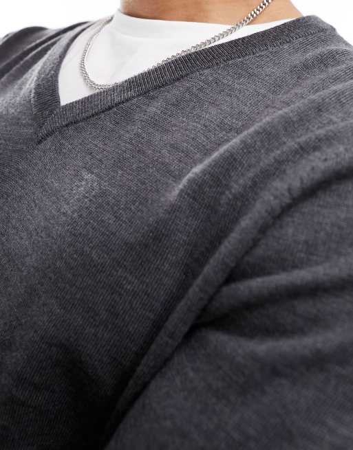 ASOS DESIGN - Maglione grigio in lana merino con scollo a V, 4 di 4