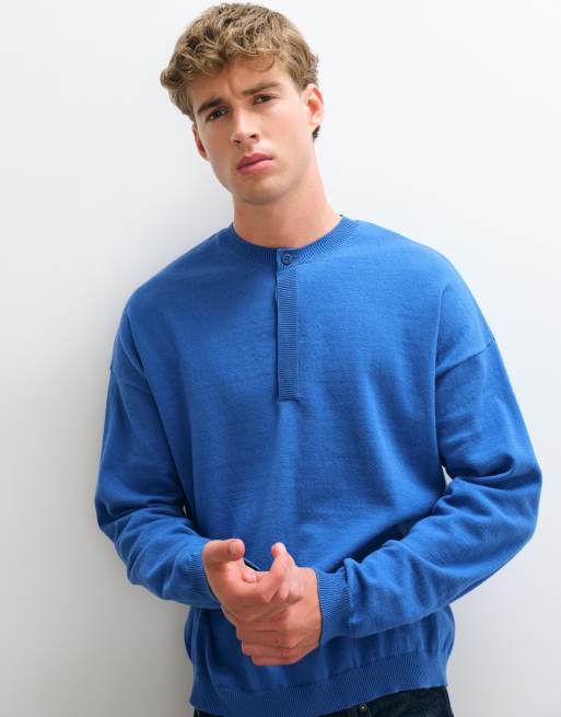 ASOS DESIGN maglione henley oversize lavorato a maglia blu, 4 di 5