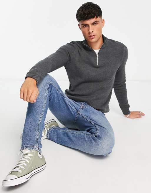 ASOS DESIGN - Maglione in cotone di media pesantezza grigio antracite con zip corta
