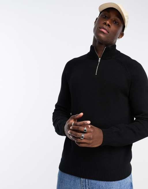 ASOS DESIGN - Maglione in cotone di media pesantezza nero con zip corta