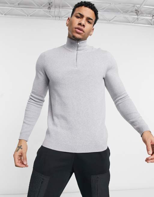 ASOS DESIGN - Maglione in cotone grigio con zip corta