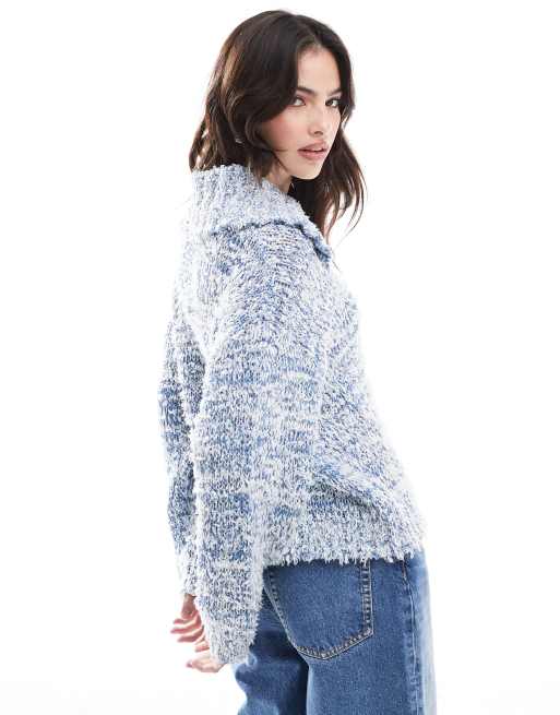 ASOS DESIGN - Maglione in filato blu mélange puntinato con colletto, 3 di 4