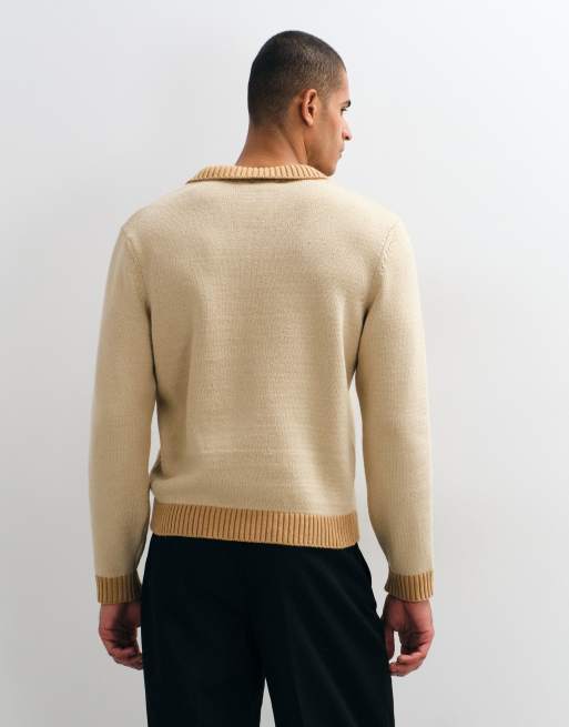 ASOS DESIGN maglione in maglia comodo con scollo a intaglio e maniche lunghe in beige e marrone chiaro, 3 di 5