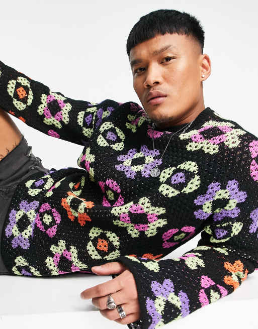 ASOS DESIGN - Maglione in maglia con fiori all'uncinetto