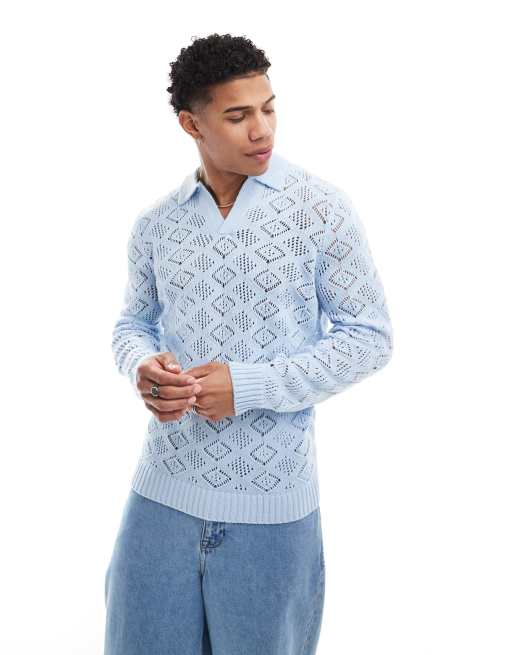 ASOS DESIGN - Maglione in maglia testurizzata blu con intaglio sul collo