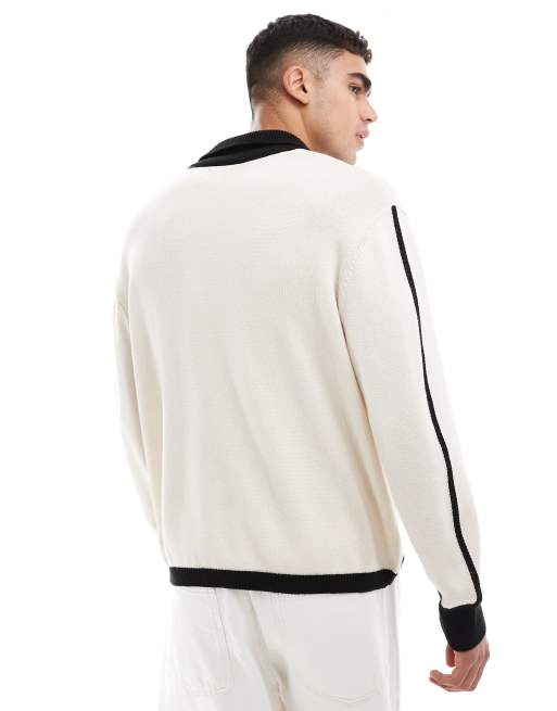 ASOS DESIGN - Maglione in misto cotone color pietra con colletto e polsini neri a contrasto, 2 di 4